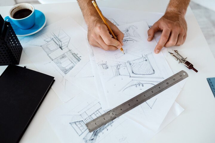 Mesa com papeis e xícara com pessoa desenhando simulando desenho industrial